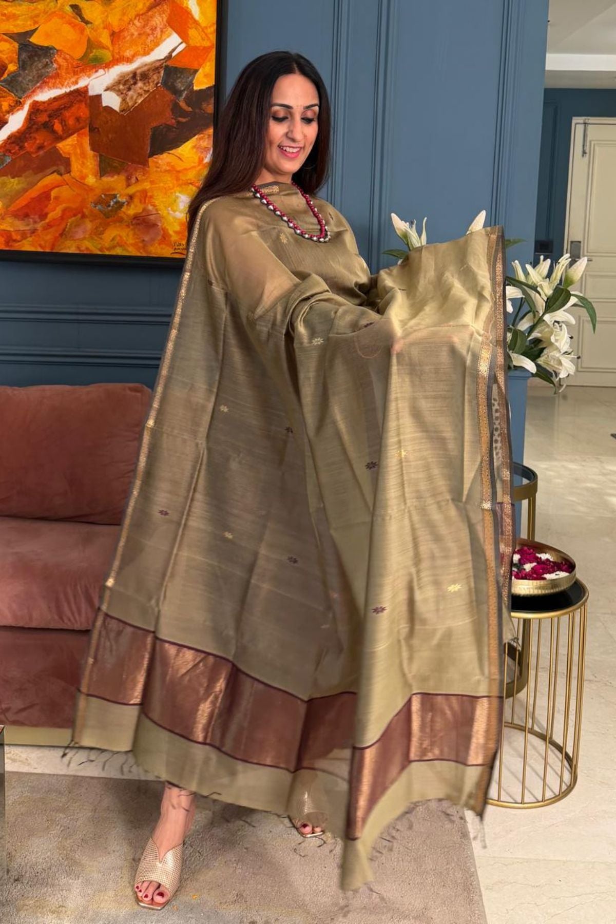 Maheshwari handloom silk by cotton kurta dupatta set